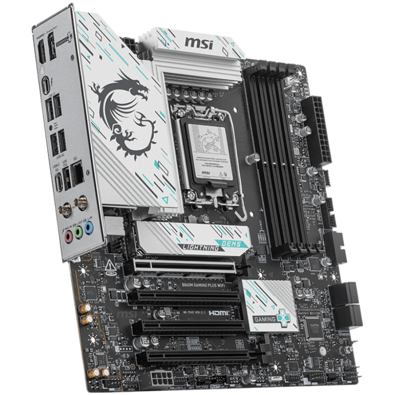 MSI PRO B860M GAMING PLUS WIFI, mATX, LGA 1851, 4x DDR5 Dual Channel DDR5 up to 8600(OC)MHz, 4x PCIe x16 slot, 3x M.2 slot, 2x USB 2.0, 2x