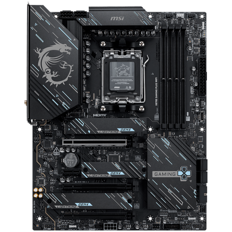 MSI X870E GAMING PLUS WIFI, ATX, Socket AM5, 4x DDR5 Dual Channel DDR5 up to 8200(OC)MHz, 3x PCIe x16 slot, 3x M.2 slot, 4x USB 2.0, 2x USB 5Gbps, 2x USB 10Gbps, 1x 20Gbps Type-C, 1x 40Gbps Type-C, HDMI, 7.1 HD Audio, 5G LAN, WiFI 7, BT, 3Y