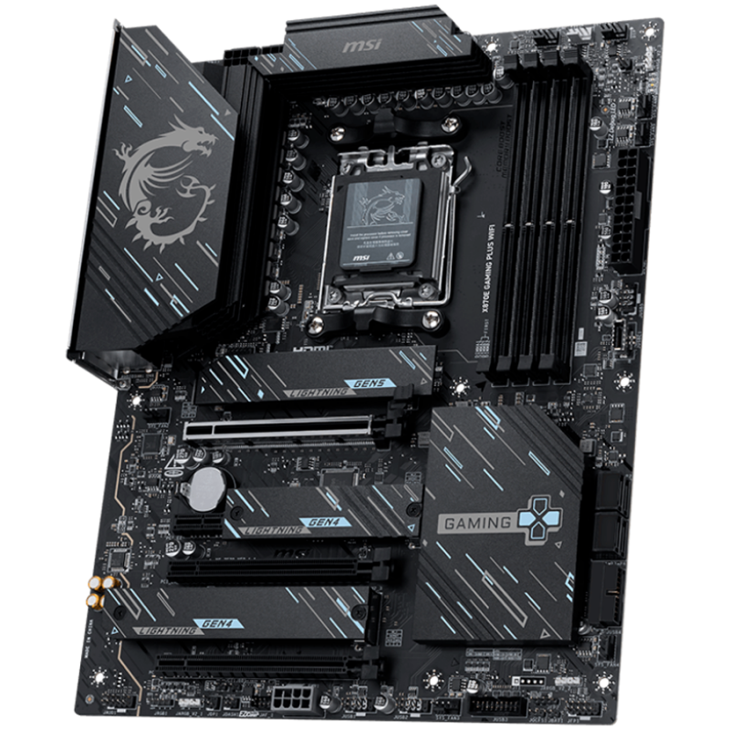MSI X870E GAMING PLUS WIFI, ATX, Socket AM5, 4x DDR5 Dual Channel DDR5 up to 8200(OC)MHz, 3x PCIe x16 slot, 3x M.2 slot, 4x USB 2.0, 2x USB 5Gbps, 2x USB 10Gbps, 1x 20Gbps Type-C, 1x 40Gbps Type-C, HDMI, 7.1 HD Audio, 5G LAN, WiFI 7, BT, 3Y
