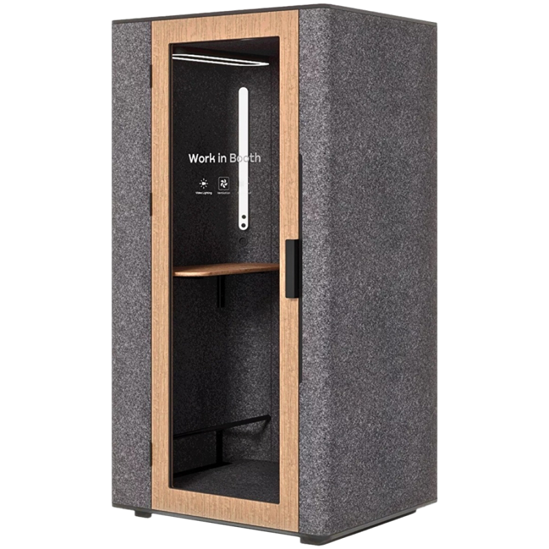 Acoustic booth WorkBooth One with Media hub integration spot, blind back wall, light grey felt, natural oak veneer, L10-B-L-W00-00