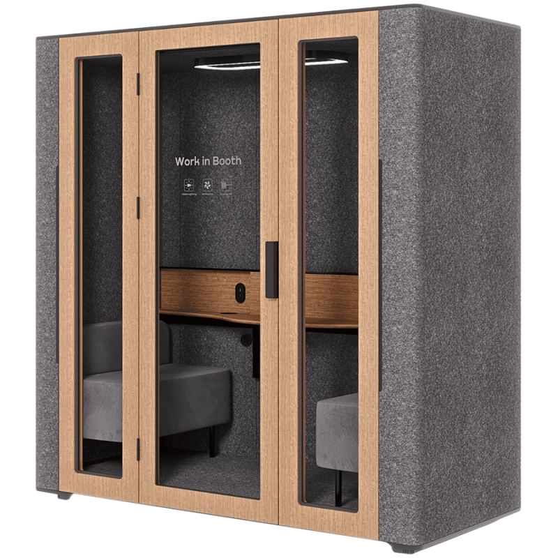 WORKBOOTH Two Comfort Acoustic booth with Media hub integration spot, Blind, Light grey felt, natural oak, Jazz Graphite fabric for sofa