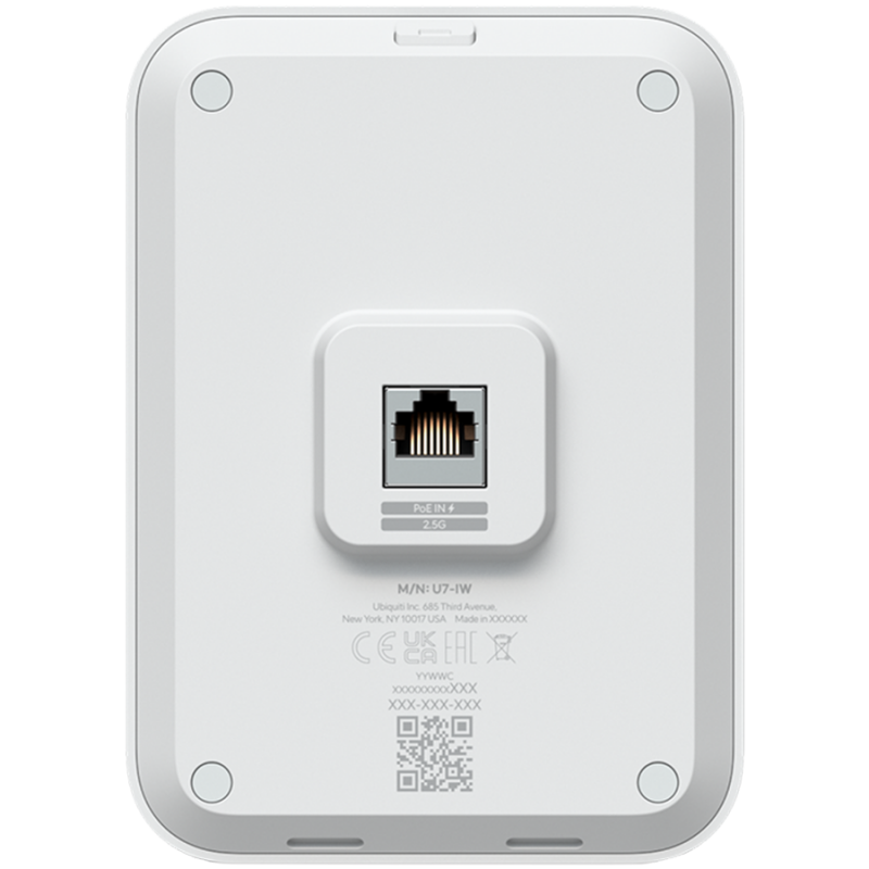 Ubiquiti UniFin U70IW Wall mounted WiFi 7 AP with 4 spatial streams and an integreated 2.5GbE PoE switch desined for hospitality enviorments