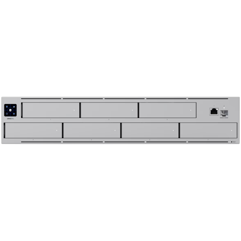 Ubiquiti UNAS-Pro-8-EU 2U rack-mount NAS with (8) 2.5/3.5" HDD bays and (2) M.2 NVMe SSD cache slots, delivering faster access, lower latency, and high-availability 10 Gbps networking for large-scale file storage and sharing