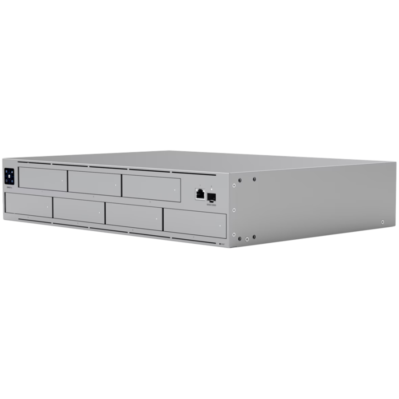 Ubiquiti UNAS-Pro-8-EU 2U rack-mount NAS with (8) 2.5/3.5" HDD bays and (2) M.2 NVMe SSD cache slots, delivering faster access, lower latency, and high-availability 10 Gbps networking for large-scale file storage and sharing