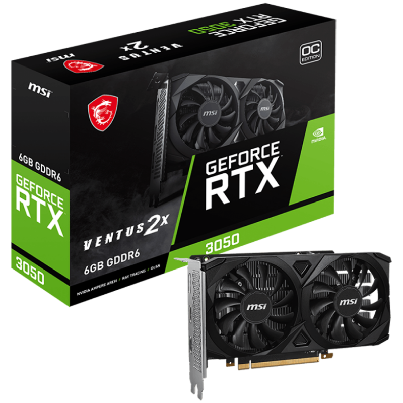 MSI Video Card Nvidia GeForce RTX 3050 VENTUS 2X E 6G OC, 6GB GDDR6, 96bit, Boost: 1492 MHz, 2304 CUDA Cores, PCIe 4.0, 1x DP 1.4a, 2xHDMI