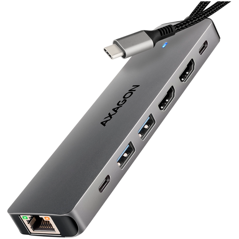 AXAGON HMC-7HX2 USB-C 3.2 Gen 1 hub, 2x USB-A + 1x USB-C, 2x HDMI 4K 60Hz, GLAN, PD 100W, 15cm USB-C cable