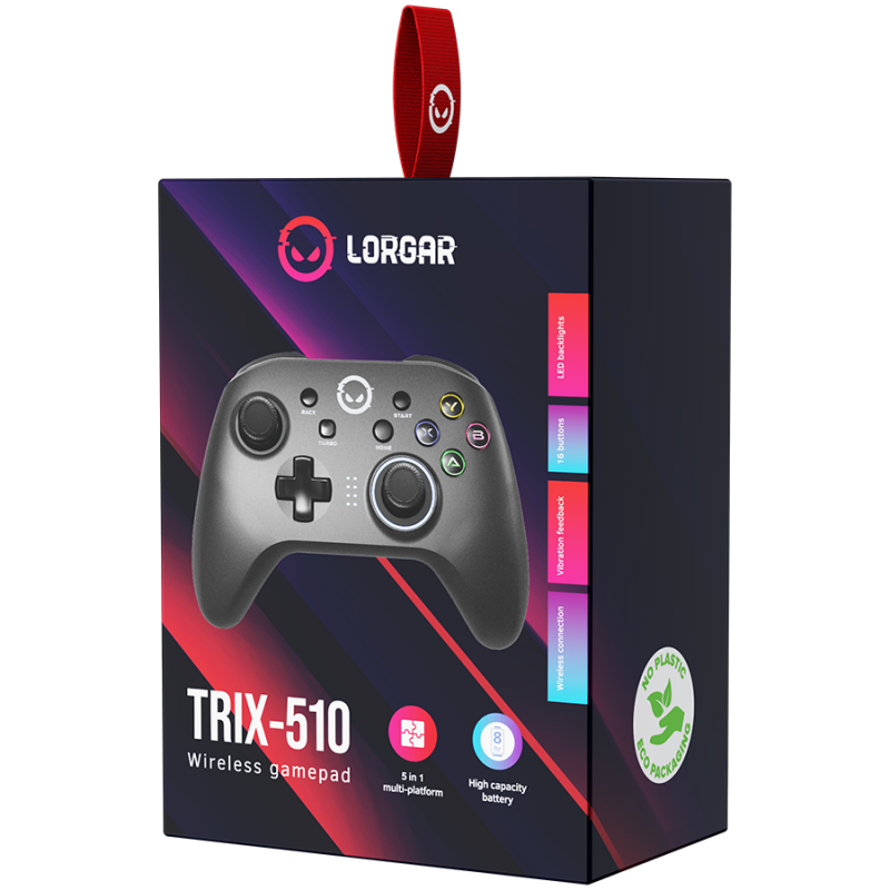 LORGAR TRIX-510, Gaming controller, Black, BT5.0 Controller with built-in 600mah battery, 1M Type-C charging cable ,6 axis motion sensor