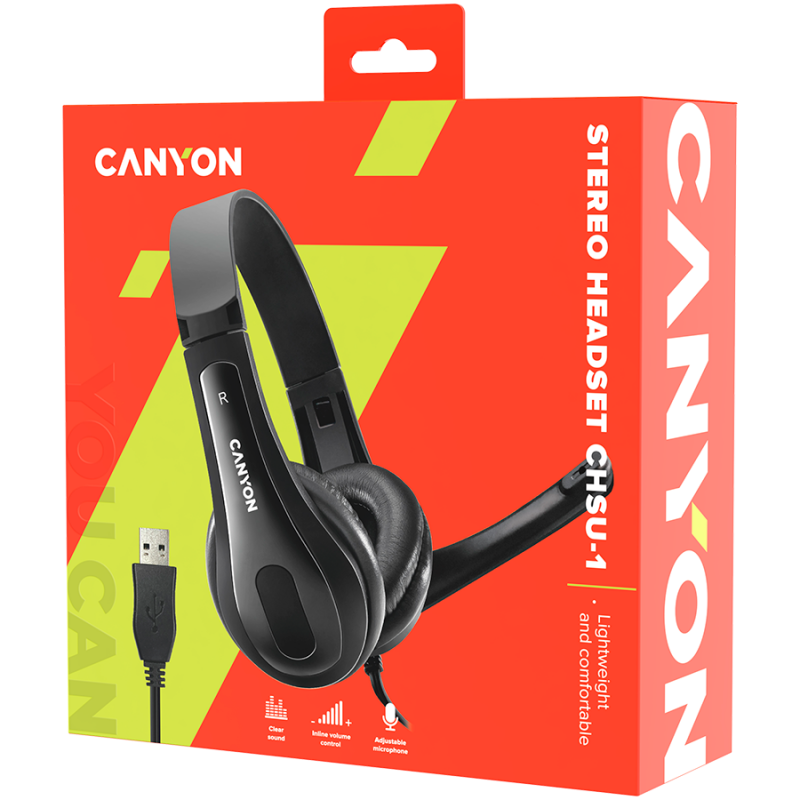 CANYON CHSU-1 basic PC headset with microphone, USB plug, leather pads, Flat cable length 2.0m, 160*60*160mm, 0.13kg, Black;, CNS-CHSU1B