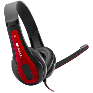 CANYON HSC-1 basic PC headset with microphone, combined 3.5mm plug, leather pads, Flat cable length 2.0m, 160*60*160mm, 0.13kg, Black-red