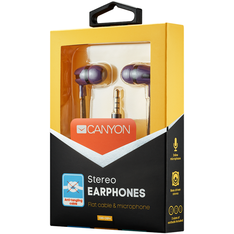 CANYON Stereo earphone with microphone, 1.2m flat cable, Purple, 22*12*12mm, 0.013kg-CNS-CEP4P