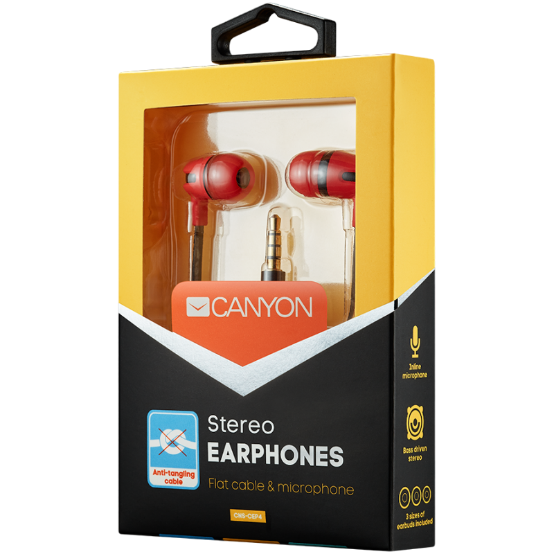 CANYON Stereo earphone with microphone, 1.2m flat cable, Red, 22*12*12mm, 0.013kg-CNS-CEP4R