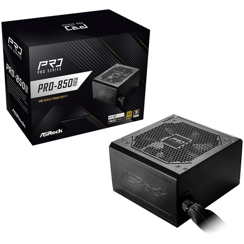Asrock PRO-850G, 850W, 80 Plus GOLD, Non Modular PSU, 1x EPS 12V CPU(4+4pin), 2x PCIe (6+2pin), 2x 4-pin connectors, 4x SATA, OCP, SCP, OVP, UVP, OTP, OPP protections, 120 mm Fan, ATX 3.1, 3Y warranty