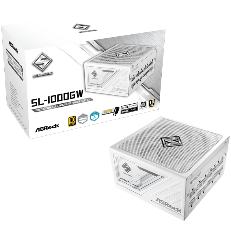 Asrock SL-1000GW, 1000W, 80 Plus GOLD, Fully Modular PSU, Japanese Capacitors, 2x EPS 12V CPU(4+4pin), 1x PCIe5.1 (12+4pin), 3x PCIe