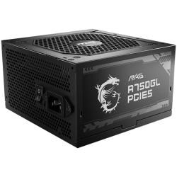 MSI MAG A750GL PCIE5, 750W, 80 Plus Gold, ATX Form Factor, 100~240 Vac Input Voltage, 47Hz ~ 63Hz Input Frequency, 120 mm Fan, 140 x 150 x 86mm, Active PFC, OCP, OVP, OPP, OTP, SCP, UVP, ATX, 2xEPS, 4XPCi-E, 8xSATA, 4xMOLEX, 1xFDD