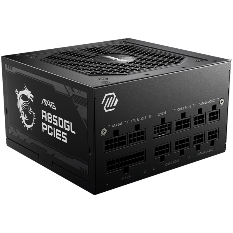 MSI MAG A850GL PCIE5, 600W, 80 Plus Gold, 120mm Fluid Dynamic Bearing Fan, Protections: OCP/OVP/OPP/OTP/SCP, Dimensions: 150mmx140mmx86mm