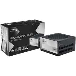MSI PRO A1000PL PCIE5, 850W, 80 Plus Platinum, 120mm Fluid Dynamic Bearing Fan, Protections: OCP/OTP/OPP/SCP/OVP/UVP/SIP/NLO, Dimensions: 150mmx150mmx86mm, 7Y Warranty