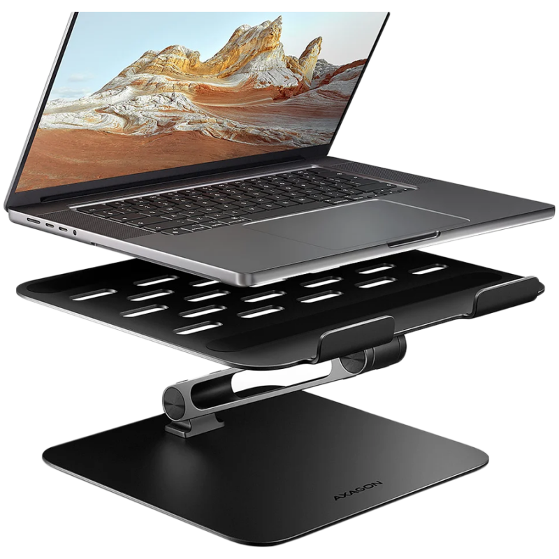 STND-LQB stand for notebooks and tablets. Aluminum HQ stand for laptops size 10-17.3. Adjustable height and angle. Black.