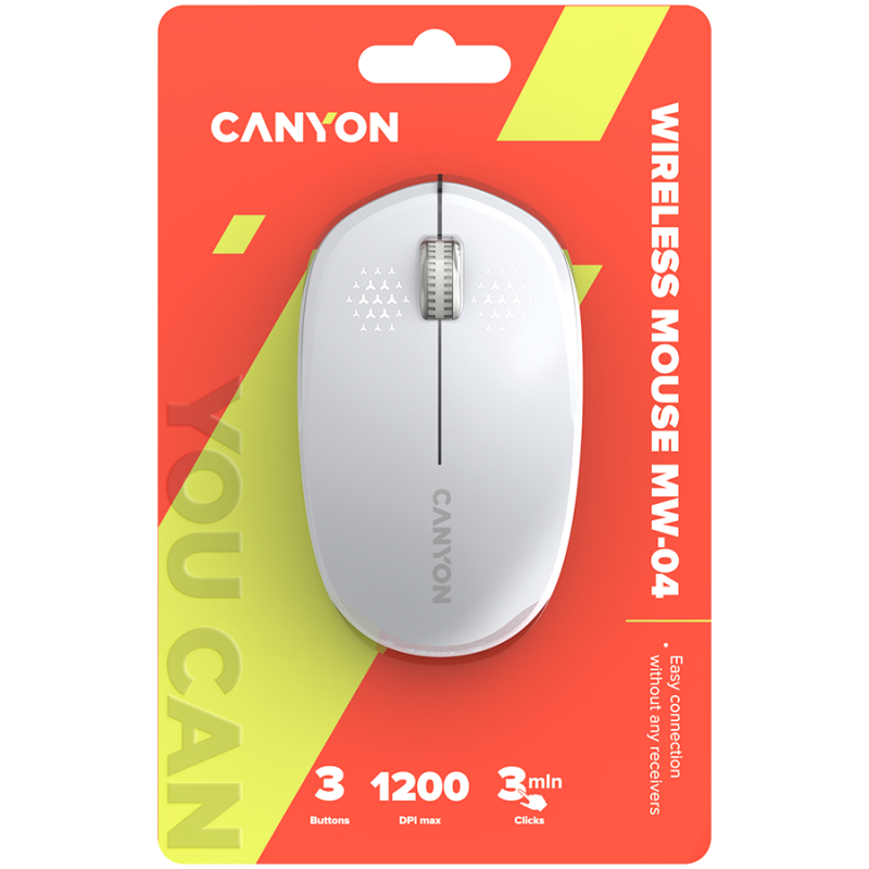 CANYON MW-04, Bluetooth Wireless optical mouse with 3 buttons, DPI 1200 , with1pc AA canyon turbo Alkaline battery,White, 103*61*38.5mm