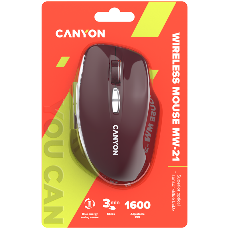 CANYON MW-21, 2.4 GHz Wireless mouse ,with 7 buttons, DPI 800/1200/1600, Battery: AAA*2pcs,Burgundy Red,72*117*41mm, 0.075kg, CNS-CMSW21BR