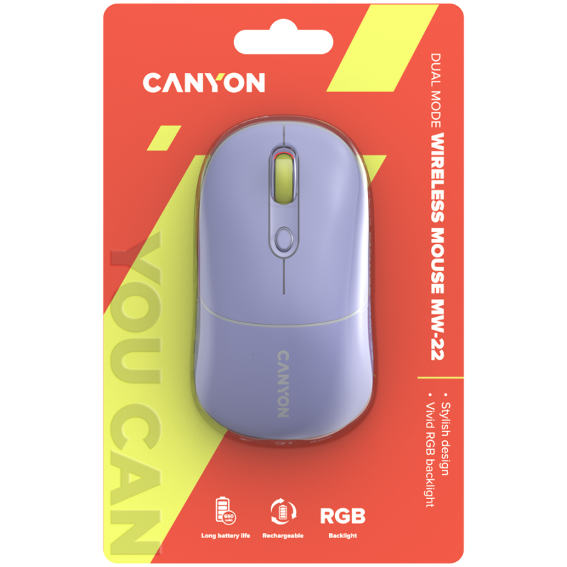 CANYON MW-22, 2 in 1 Wireless optical mouse with 4 buttons, DPI 800/1200/1600, 2 mode(BT/ 2.4GHz), 650mAh Li-poly battery, RGB backlight