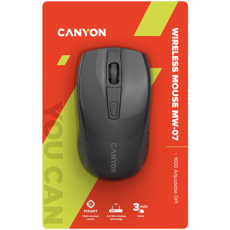 CANYON MW-7, 2.4Ghz wireless mouse, 6 buttons, DPI 800/1200/1600, with 1 AA battery ,size 110*60*37mm,58g,black, CNE-CMSW07B