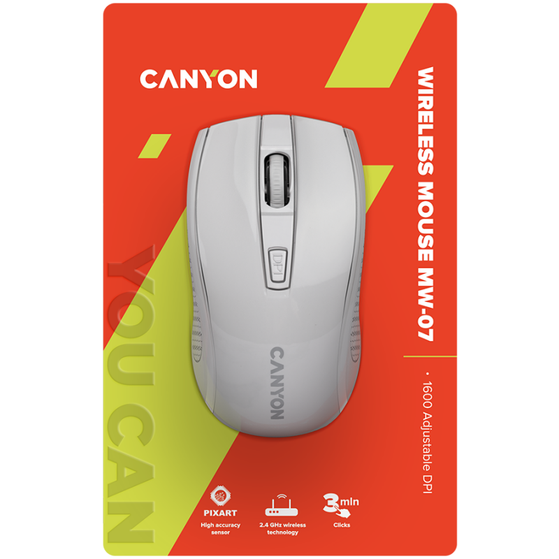 CANYON MW-7, 2.4Ghz wireless mouse, 6 buttons, DPI 800/1200/1600, with 1 AA battery ,size 110*60*37mm,58g,white, CNE-CMSW07W