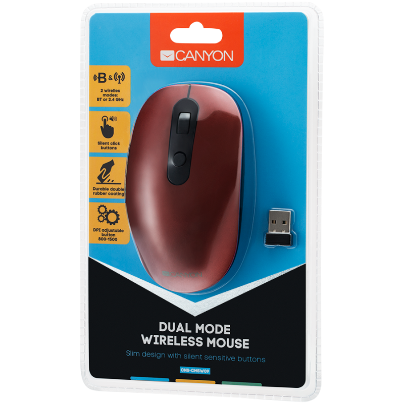 Canyon 2 in 1 Wireless optical mouse with 6 buttons, DPI 800/1000/1200/1500, 2 mode(BT/ 2.4GHz), Battery AA*1pcs, Red, silent switch for right/left keys, 65.4*112.25*32.3mm, 0.092kg-CNS-CMSW09R