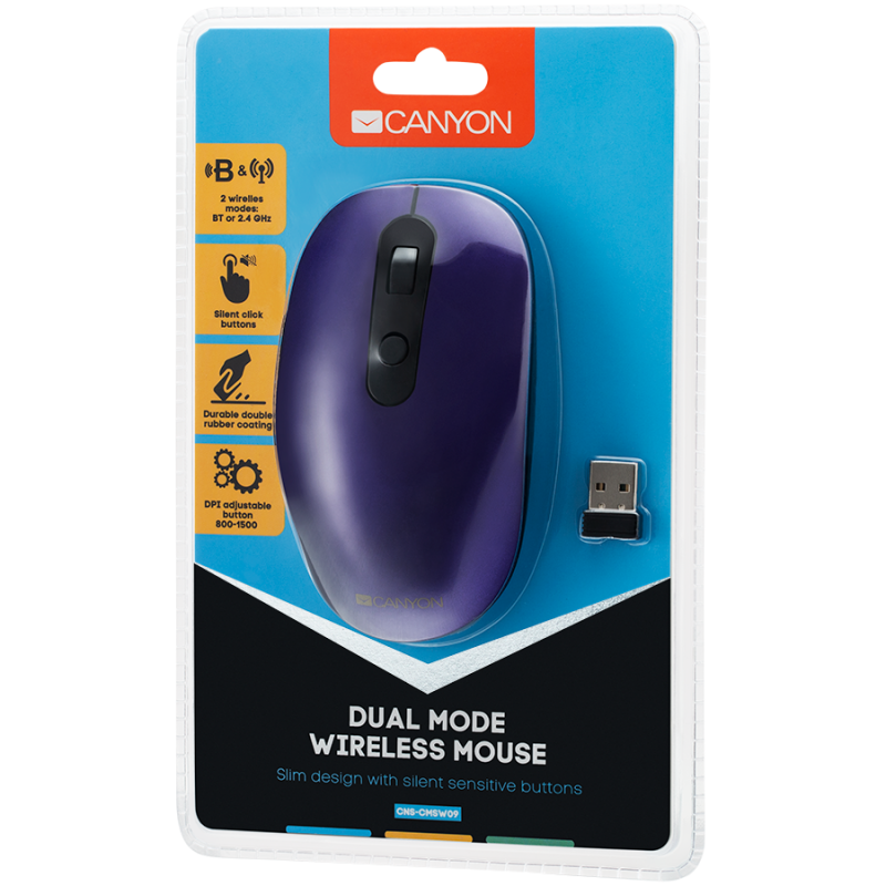 Canyon 2 in 1 Wireless optical mouse with 6 buttons, DPI 800/1000/1200/1500, 2 mode(BT/ 2.4GHz), Battery AA*1pcs, Violet, silent switch for right/left keys, 65.4*112.25*32.3mm, 0.092kg-CNS-CMSW09V