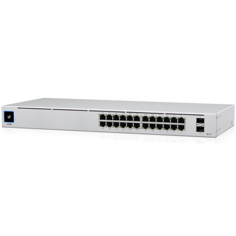 Ubiquiti USW-24-POE Gigabit Layer 2 switch with twenty-four Gigabit Ethernet ports including sixteen auto-sensing 802.3at PoE+ ports, and