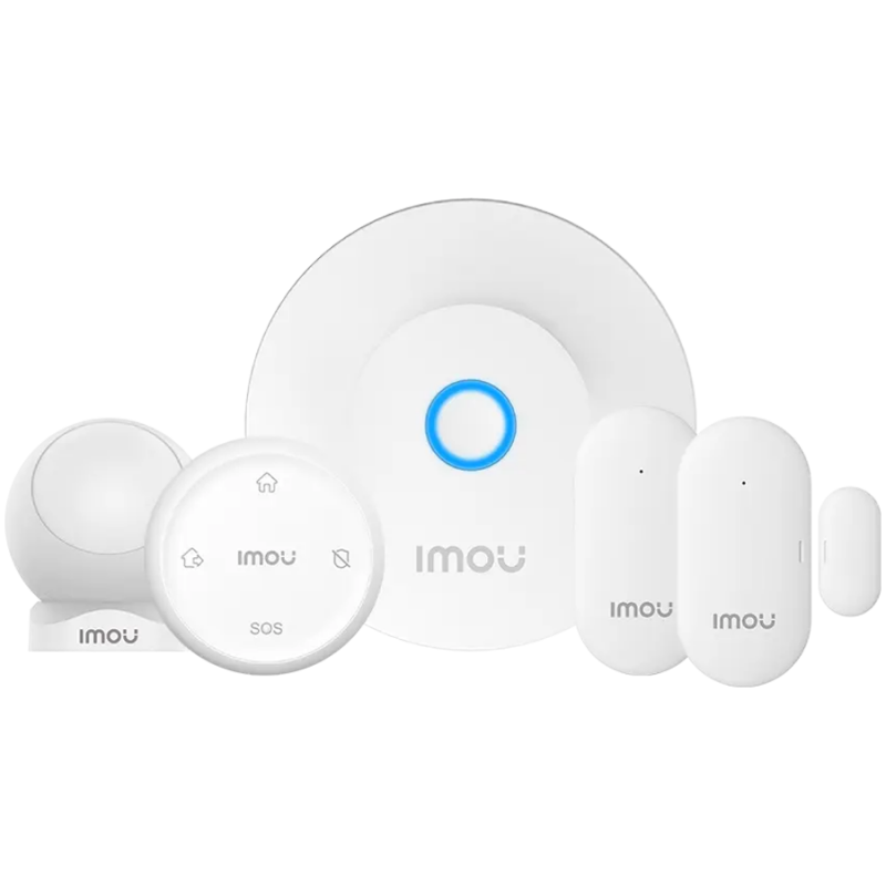 Imou Home security system, ZG2 gateway, ZE1 emergency alarm button, ZD1 door and window sensor, ZP1 motion sensor