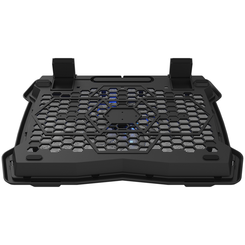Cooling stand single fan with 2x2.0 USB hub, support up to 10”-15.6” laptop, ABS plastic and iron,  Fans dimension:125*125*15mm(1pc), DC 5V, fan speed:  800-1000RPM, size:340*265*30mm, 406g-CNE-HNS02