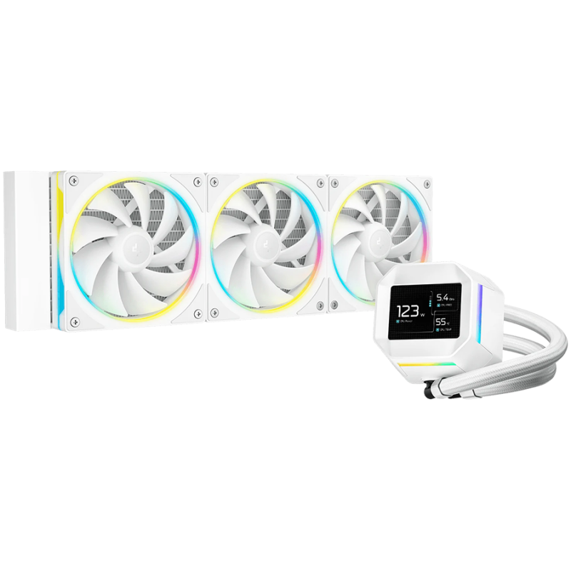 DeepCool LM360 WH, 360mm CPU Liquid Cooler, 2.4" LCD screen, 3x120mm FL12 SE ARGB PWM Fans, Fluid Dynamic Bearing, White, Intel LGA1851/1700/1200/1151/1150/1155, AMD AM5/AM4, R-LM360-WHDMMC-1, 3Y