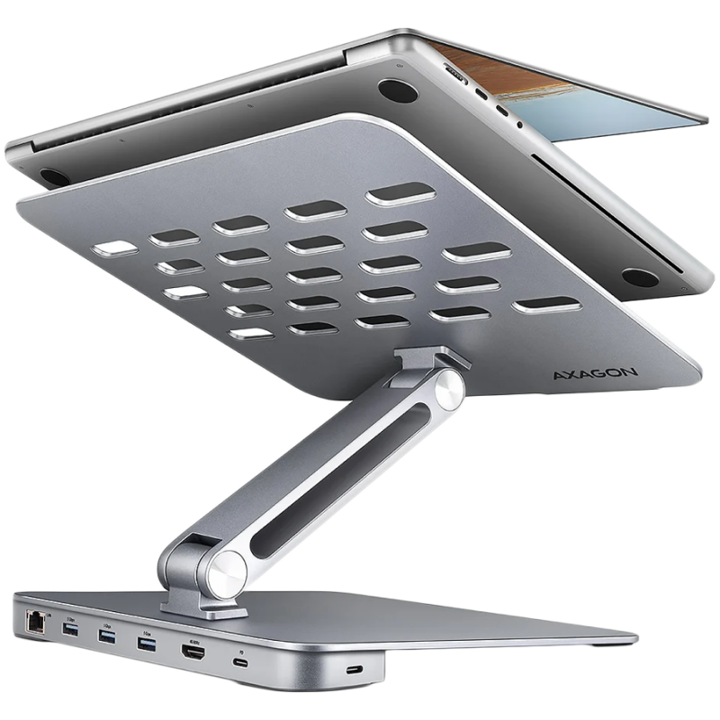AXAGON HMC-STND ALU stand with HUB 5Gbps, for 10" - 16" laptops, adjustable, 3x USB-A, HDMI 4K/60Hz, GLAN, PD 100W, USB-C input