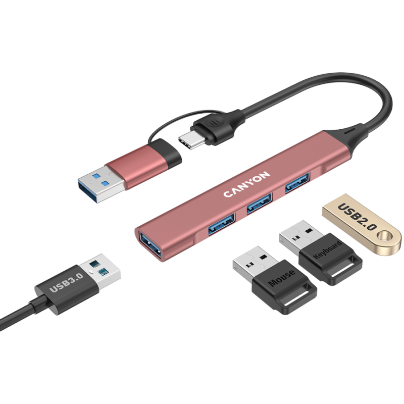 CANYON hub DS-02 4in1 USB-A/C Pink, CNS-TDS02P