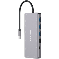 Canyon 13 in 1 USB C hub, with 2*HDMI, 3*USB3.0: support max. 5Gbps, 1*USB2.0: support max. 480Mbps, 1*PD: support max 100W PD, 1*VGA,1* Type C data, 1*Glgabit Ethernet, 1*3.5mm audio jack, cable 15cm, Aluminum alloy housing,130*57.5*15 mm,DarK gray