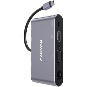 Canyon 8 in 1 USB C hub, with 1*HDMI: 4K*30Hz, 1*VGA, 1*Type-C PD charging port, Max 100W PD input. 3*USB3.0,transfer speed up to 5Gbps. 1*Glgabit Ethernet, 1*3.5mm audio jack, cable 15cm, Aluminum alloy housing,95*55*17.6 mm, 107g, Dark grey