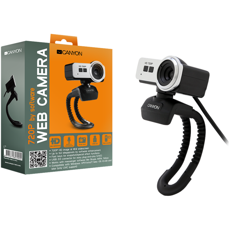 CANYON 720P HD webcam with USB2.0. connector, 360° rotary view scope, 1.0Mega pixels, Resolution 1280*720, cable length 1.25m, Black, 62.2x46.5x57.8mm, 0.074kg-CNE-CWC3N