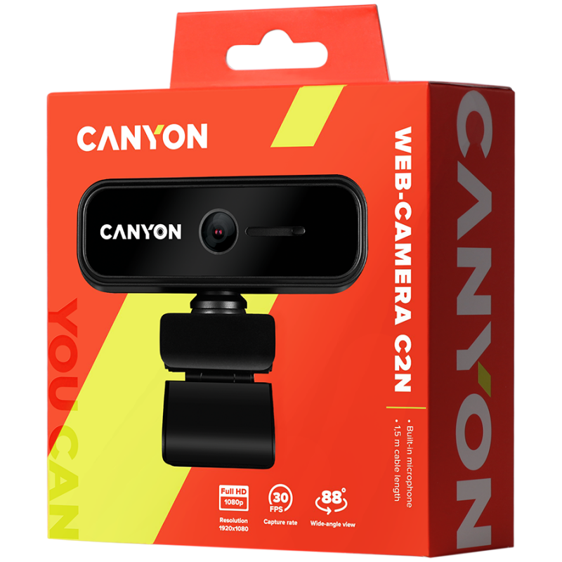 CANYON C2N 1080P full HD 2.0Mega fixed focus webcam with USB2.0 connector, 360 degree rotary view scope, built in MIC, Resolution 1920*1080, viewing angle 88°, cable length 1.5m, 90*60*55mm, 0.095kg, Black-CNE-HWC2N