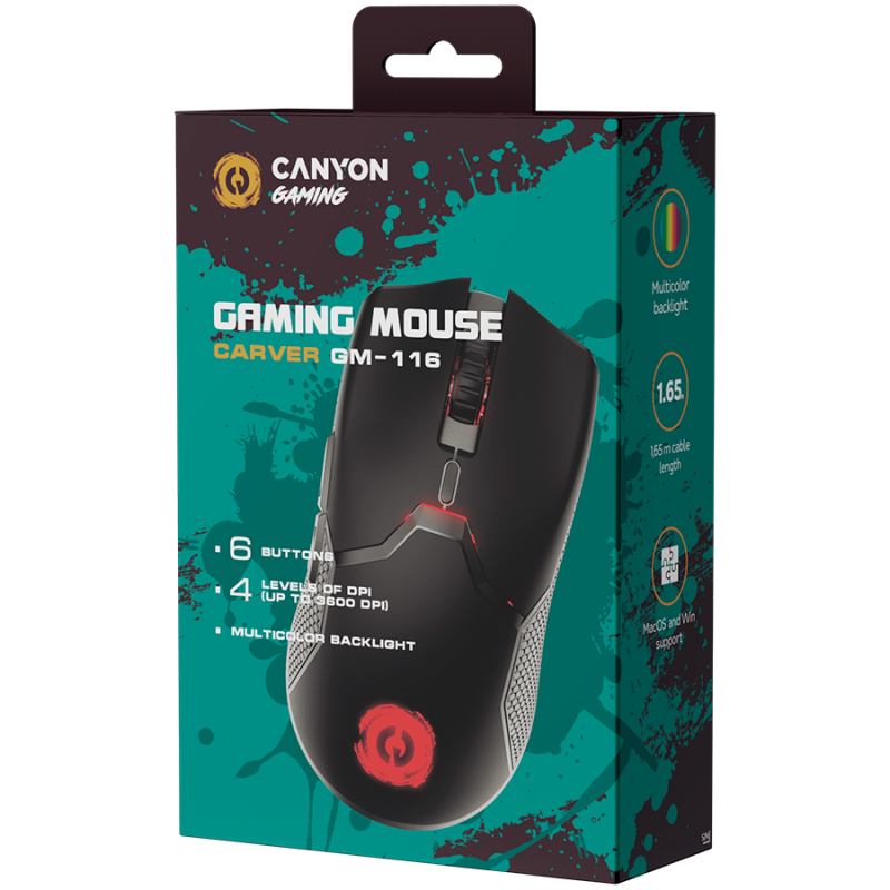 CANYON Carver GM-116,  6keys Gaming wired mouse, A603EP sensor, DPI up to 3600, rubber coating on panel, Huano 1million switch, 1.65M PVC