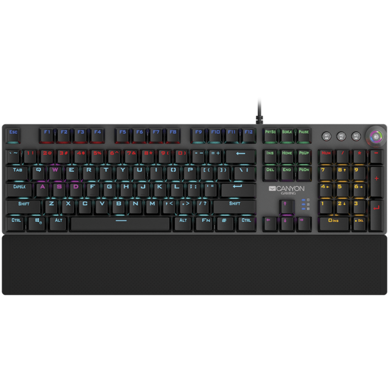 Wired Gaming Keyboard,Black 104 mechanical switches,60 million times key life, 22 types of lights,Removable magnetic wrist rest,4 Multifunctional control knob,Trigger actuation 1.5mm,1.6m Braided cable,US layout,dark grey, size:435*125*37.47mm, 840g-CND-S