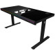 Dual-motor sit/stand adjustable-height gaming desk with built-in PC case, wireless charger, RGB lighting, control panel, and USB ports, tempered glass tabletop, black.
