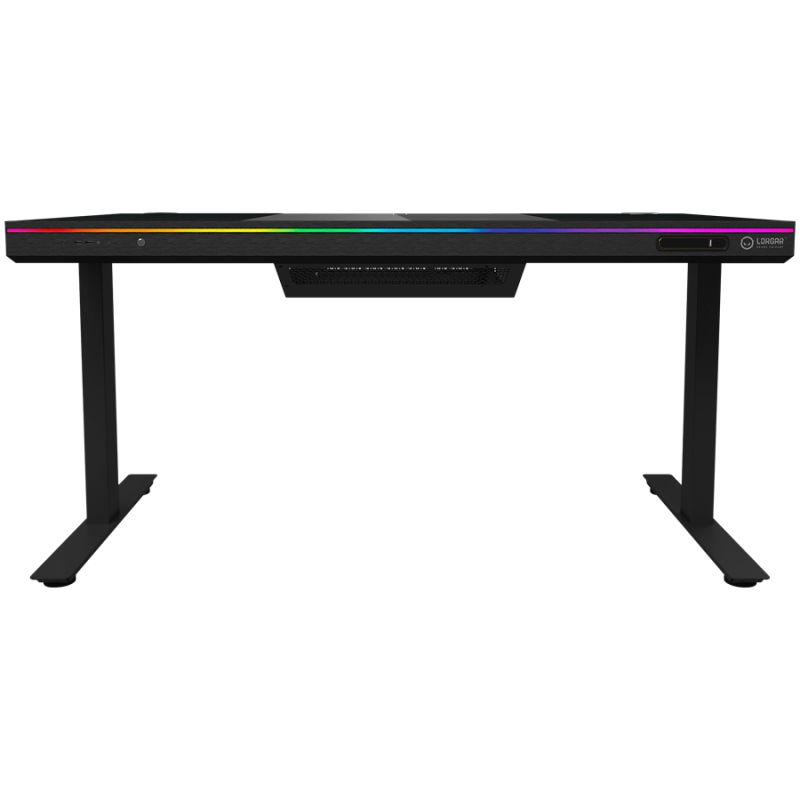 Dual-motor sit/stand adjustable-height gaming desk with built-in PC case, wireless charger, RGB lighting, control panel, and USB ports, tempered glass tabletop, black.