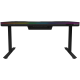 Dual-motor sit/stand adjustable-height gaming desk with built-in PC case, wireless charger, RGB lighting, control panel, and USB ports, tempered glass tabletop, black.