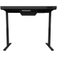Dual-motor sit/stand adjustable-height gaming desk with built-in PC case, wireless charger, RGB lighting, control panel, and USB ports, tempered glass tabletop, black.