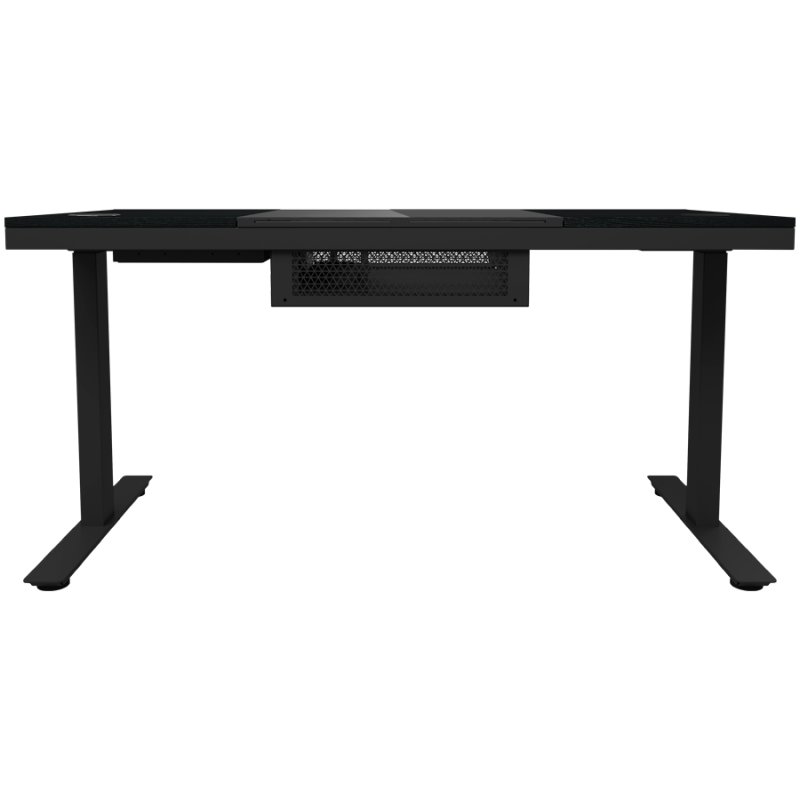 Dual-motor sit/stand adjustable-height gaming desk with built-in PC case, wireless charger, RGB lighting, control panel, and USB ports, tempered glass tabletop, black.