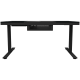 Dual-motor sit/stand adjustable-height gaming desk with built-in PC case, wireless charger, RGB lighting, control panel, and USB ports, tempered glass tabletop, black.