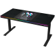 Dual-motor sit/stand adjustable-height gaming desk with built-in PC case, wireless charger, RGB lighting, control panel, and USB ports, wooden tabletop, black.