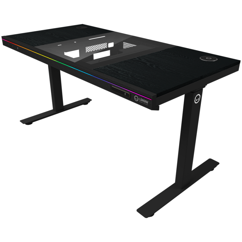 Dual-motor sit/stand adjustable-height gaming desk with built-in PC case, wireless charger, RGB lighting, control panel, and USB ports, wooden tabletop, black.