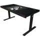 Dual-motor sit/stand adjustable-height gaming desk with built-in PC case, wireless charger, RGB lighting, control panel, and USB ports, wooden tabletop, black.