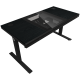 Dual-motor sit/stand adjustable-height gaming desk with built-in PC case, wireless charger, RGB lighting, control panel, and USB ports, wooden tabletop, black.